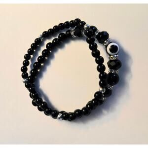 Two Stretchy Black Bracelets with Silver Toned Spacers